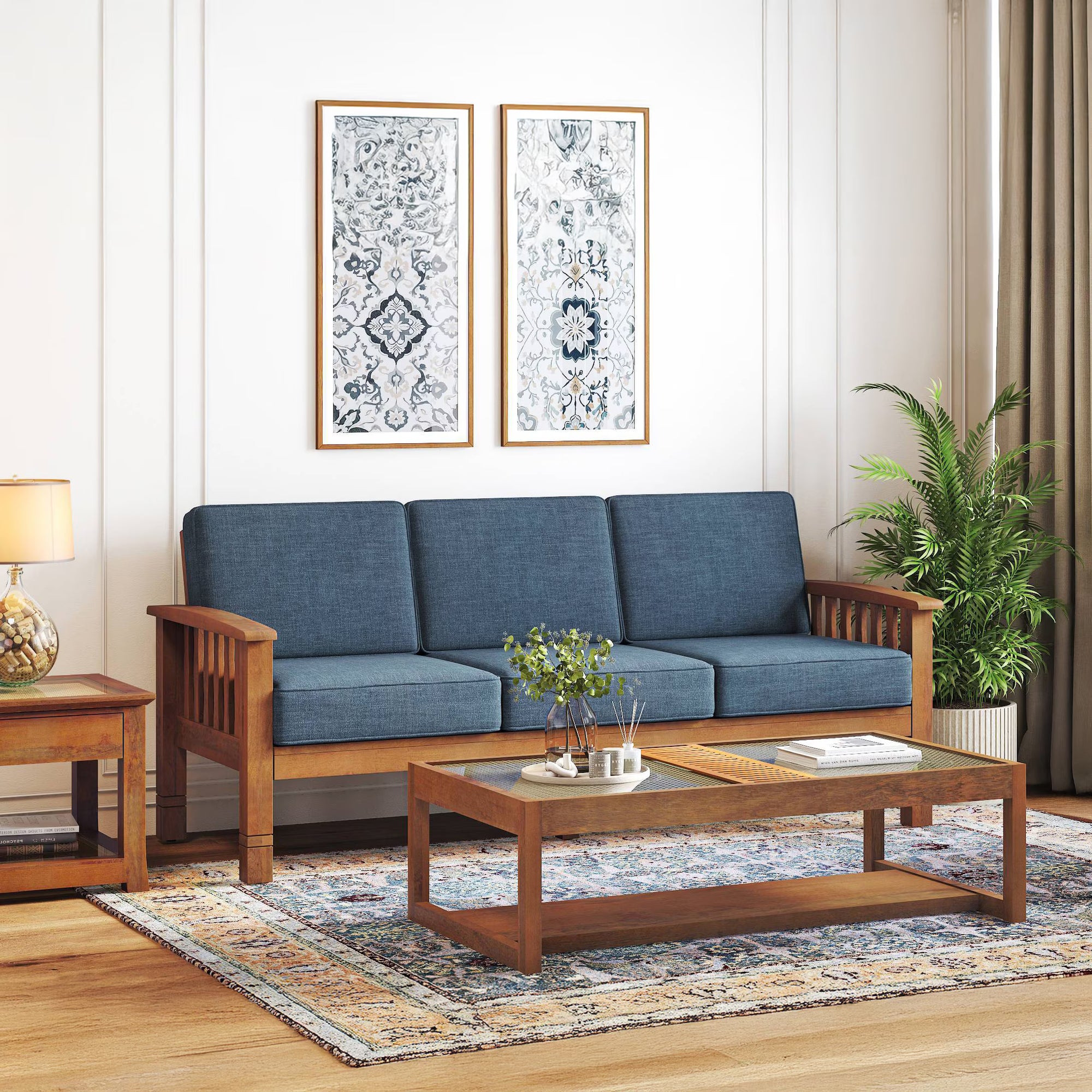 3 Seater Wooden Sofa in Midnight Indigo Blue Colour
