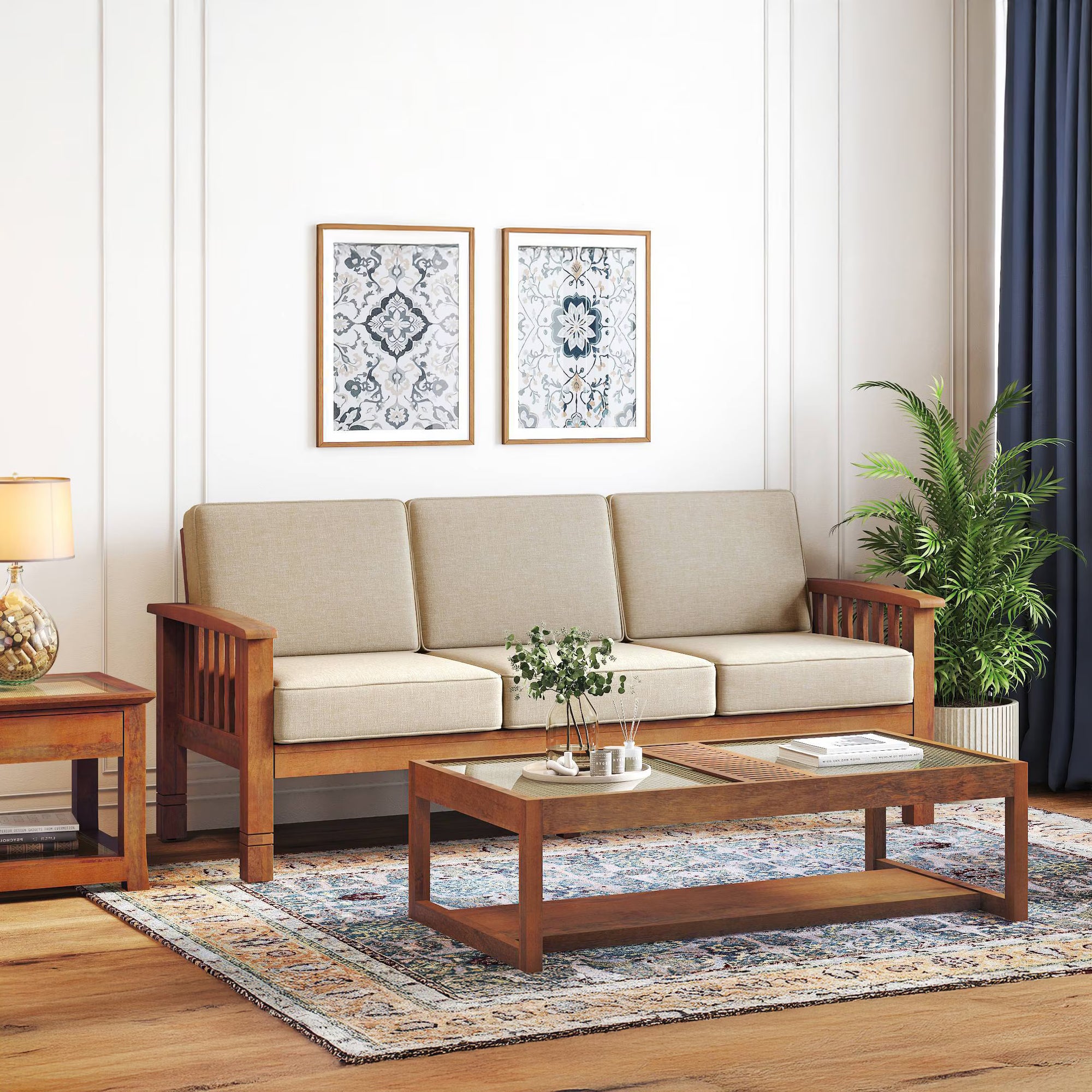 3 Seater Wooden Sofa in Midnight Indigo Blue Colour